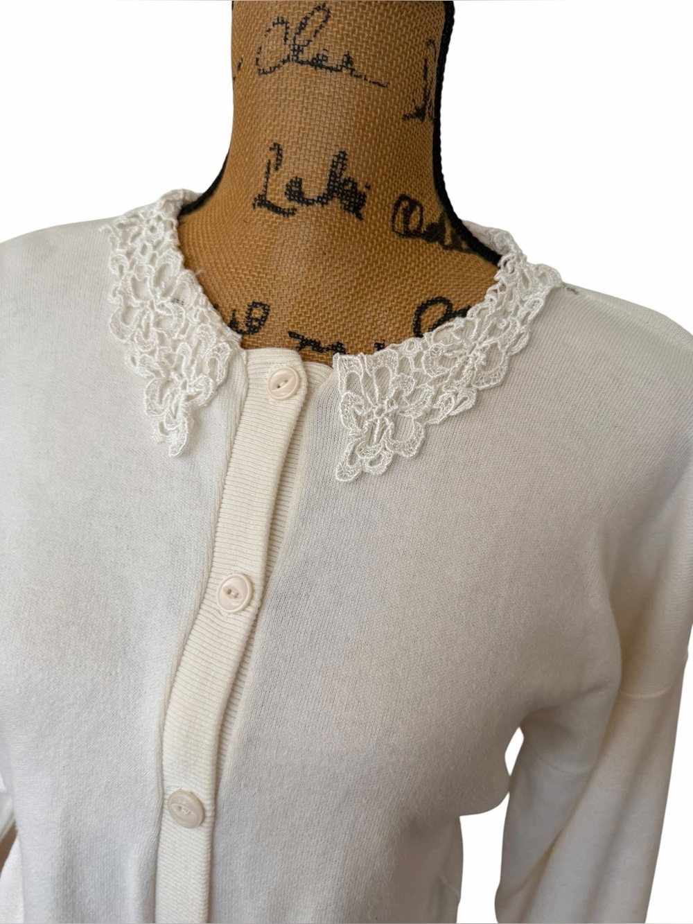 100% Cotton Vintage 90s Sweater Loft Ivory Lace Collar Cotton Cardigan Made USA - Picture 5 of 7
